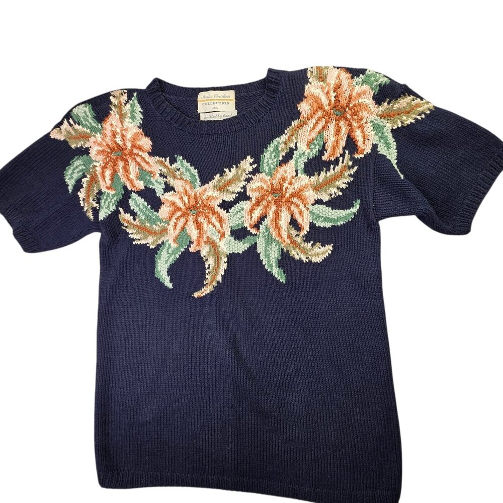 Vintage Marisa Christina Sweater Womens Medium Navy Blue Floral Handknit Cottage